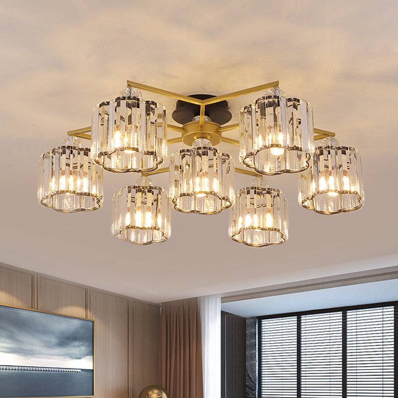 Floral Cylinder Guest Room Semi Flush Clear Crystal 4/6/7-Light Minimalism Ceiling Mounted Fixture in Gold 7 Gold Clearhalo 'Ceiling Lights' 'Close To Ceiling Lights' 'Close to ceiling' 'Semi-flushmount' Lighting' 1712401