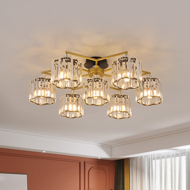 Floral Cylinder Guest Room Semi Flush Clear Crystal 4/6/7-Light Minimalism Ceiling Mounted Fixture in Gold Clearhalo 'Ceiling Lights' 'Close To Ceiling Lights' 'Close to ceiling' 'Semi-flushmount' Lighting' 1712402