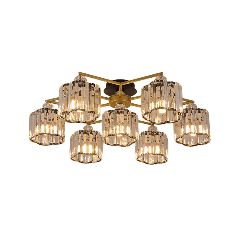Floral Cylinder Guest Room Semi Flush Clear Crystal 4/6/7-Light Minimalism Ceiling Mounted Fixture in Gold Clearhalo 'Ceiling Lights' 'Close To Ceiling Lights' 'Close to ceiling' 'Semi-flushmount' Lighting' 1712403