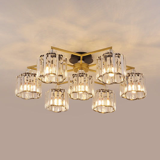 Floral Cylinder Guest Room Semi Flush Clear Crystal 4/6/7-Light Minimalism Ceiling Mounted Fixture in Gold Clearhalo 'Ceiling Lights' 'Close To Ceiling Lights' 'Close to ceiling' 'Semi-flushmount' Lighting' 1712404