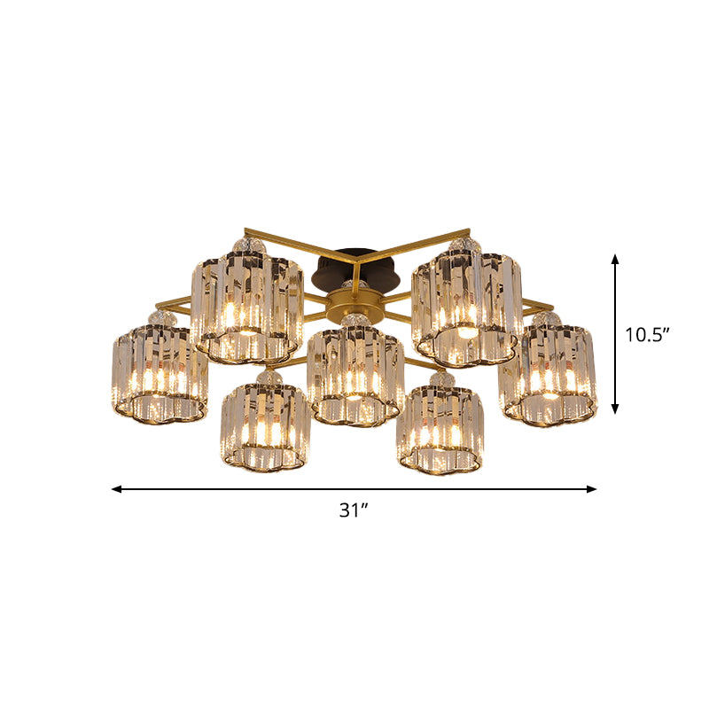 Floral Cylinder Guest Room Semi Flush Clear Crystal 4/6/7-Light Minimalism Ceiling Mounted Fixture in Gold Clearhalo 'Ceiling Lights' 'Close To Ceiling Lights' 'Close to ceiling' 'Semi-flushmount' Lighting' 1712405