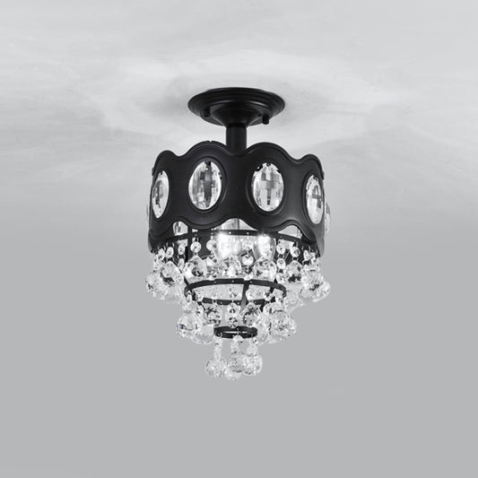 Black Tapered Semi Flush Minimalist 1/3/5-Bulb Crystal Orbs Ceiling Mounted Fixture for Hallway Clearhalo 'Ceiling Lights' 'Close To Ceiling Lights' 'Close to ceiling' 'Semi-flushmount' Lighting' 1712408