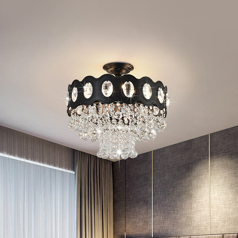 Black Tapered Semi Flush Minimalist 1/3/5-Bulb Crystal Orbs Ceiling Mounted Fixture for Hallway Clearhalo 'Ceiling Lights' 'Close To Ceiling Lights' 'Close to ceiling' 'Semi-flushmount' Lighting' 1712412
