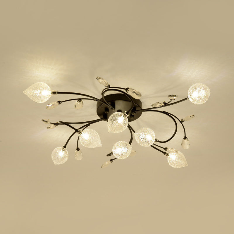 Sputnik Semi Flush Light Rustic Clear Glass 8/12-Head Bedroom Ceiling Flush Mount with Crystal Deco in Black/Gold Clearhalo 'Ceiling Lights' 'Close To Ceiling Lights' 'Close to ceiling' 'Glass shade' 'Glass' 'Pendant Lights' 'Semi-flushmount' Lighting' 1712526