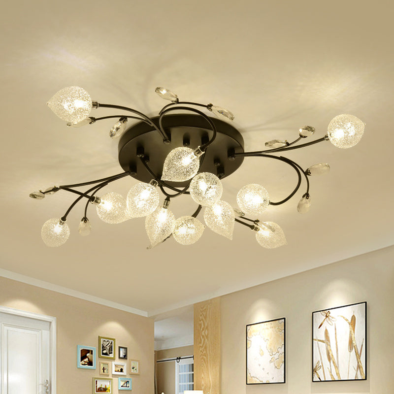 Sputnik Semi Flush Light Rustic Clear Glass 8/12-Head Bedroom Ceiling Flush Mount with Crystal Deco in Black/Gold 12 Black Clearhalo 'Ceiling Lights' 'Close To Ceiling Lights' 'Close to ceiling' 'Glass shade' 'Glass' 'Pendant Lights' 'Semi-flushmount' Lighting' 1712527