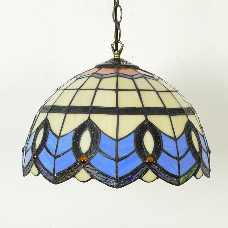 Baroque Dome Hanging Lamp Stained Glass 1 Light Indoor Pendant Light for Foyer Yellow-Blue Clearhalo 'Ceiling Lights' 'Industrial' 'Middle Century Pendants' 'Pendant Lights' 'Pendants' 'Tiffany close to ceiling' 'Tiffany Pendants' 'Tiffany' Lighting' 171254