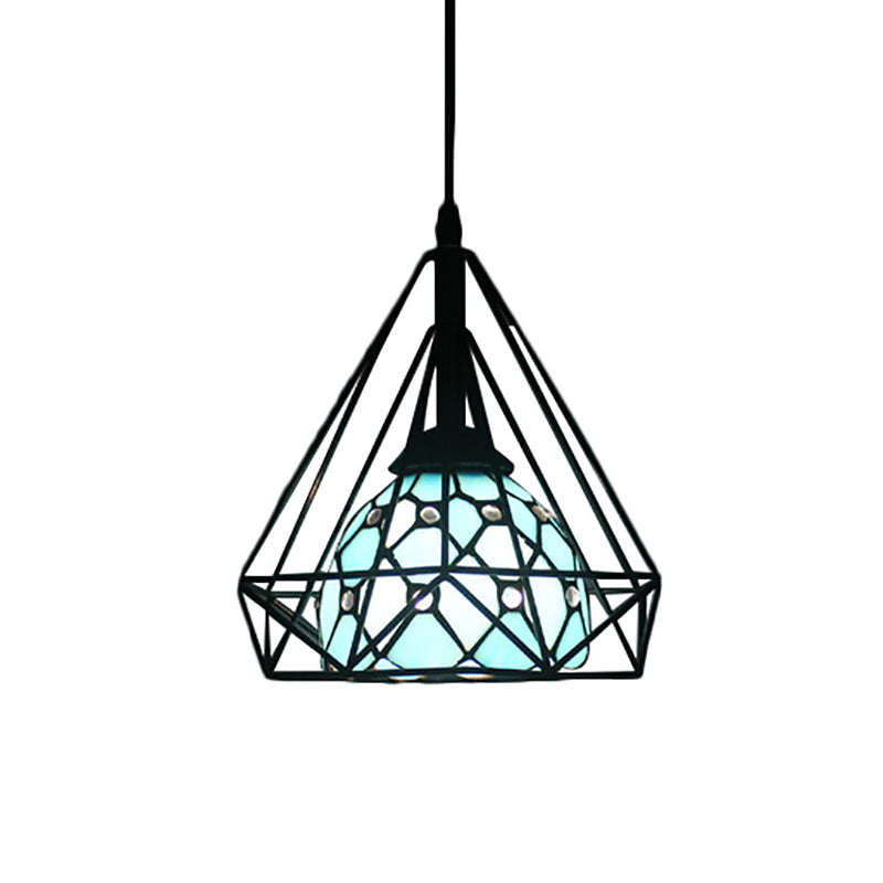 Diamond Cage Hanging Light 1 Bulb Stainless Glass Tiffany Stylish Ceiling Pendant Light with Blue/White Dome Shade Clearhalo 'Ceiling Lights' 'Close To Ceiling Lights' 'Industrial' 'Middle Century Pendants' 'Pendant Lights' 'Pendants' 'Tiffany close to ceiling' 'Tiffany Pendants' 'Tiffany' Lighting' 171275