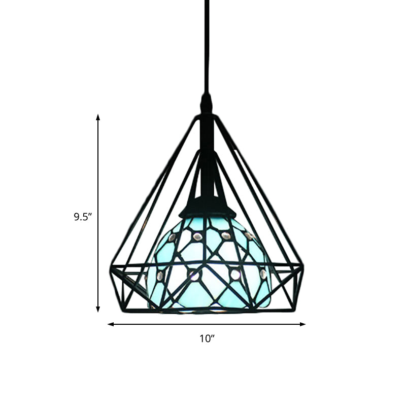 Diamond Cage Hanging Light 1 Bulb Stainless Glass Tiffany Stylish Ceiling Pendant Light with Blue/White Dome Shade Clearhalo 'Ceiling Lights' 'Close To Ceiling Lights' 'Industrial' 'Middle Century Pendants' 'Pendant Lights' 'Pendants' 'Tiffany close to ceiling' 'Tiffany Pendants' 'Tiffany' Lighting' 171276