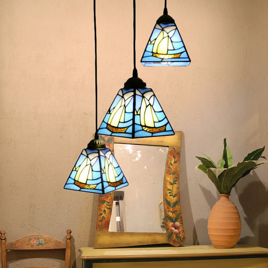 Stained Glass Conical Hanging Lamp Tiffany 3 Bulbs Blue Mini Cluster Pendant for Living Room Blue Clearhalo 'Ceiling Lights' 'Industrial' 'Middle Century Pendants' 'Pendant Lights' 'Pendants' 'Tiffany close to ceiling' 'Tiffany Pendants' 'Tiffany' Lighting' 171279