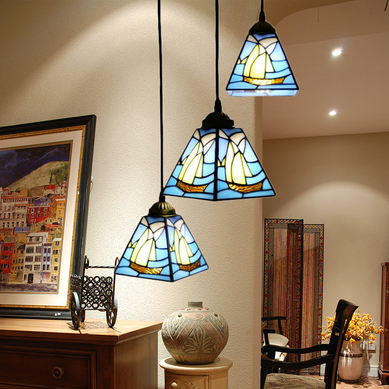 Stained Glass Conical Hanging Lamp Tiffany 3 Bulbs Blue Mini Cluster Pendant for Living Room Clearhalo 'Ceiling Lights' 'Industrial' 'Middle Century Pendants' 'Pendant Lights' 'Pendants' 'Tiffany close to ceiling' 'Tiffany Pendants' 'Tiffany' Lighting' 171280