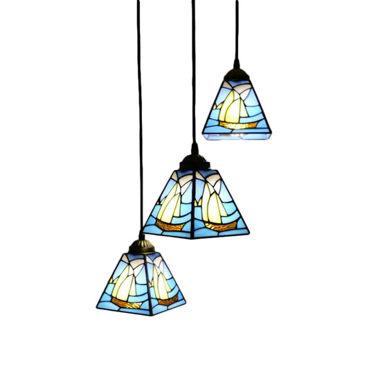 Stained Glass Conical Hanging Lamp Tiffany 3 Bulbs Blue Mini Cluster Pendant for Living Room Clearhalo 'Ceiling Lights' 'Industrial' 'Middle Century Pendants' 'Pendant Lights' 'Pendants' 'Tiffany close to ceiling' 'Tiffany Pendants' 'Tiffany' Lighting' 171281
