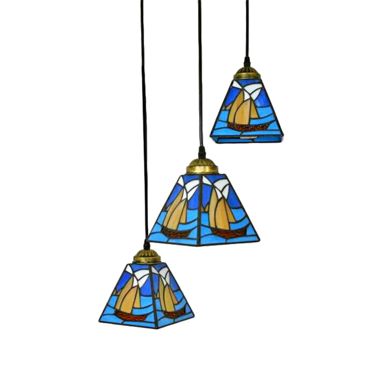 Stained Glass Conical Hanging Lamp Tiffany 3 Bulbs Blue Mini Cluster Pendant for Living Room Clearhalo 'Ceiling Lights' 'Industrial' 'Middle Century Pendants' 'Pendant Lights' 'Pendants' 'Tiffany close to ceiling' 'Tiffany Pendants' 'Tiffany' Lighting' 171282