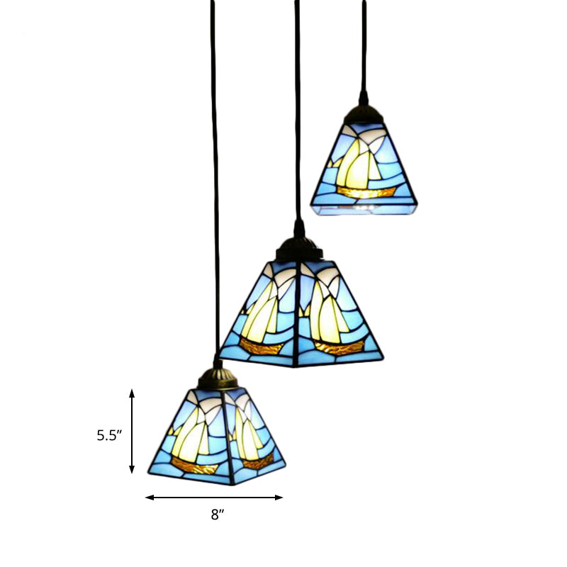 Stained Glass Conical Hanging Lamp Tiffany 3 Bulbs Blue Mini Cluster Pendant for Living Room Clearhalo 'Ceiling Lights' 'Industrial' 'Middle Century Pendants' 'Pendant Lights' 'Pendants' 'Tiffany close to ceiling' 'Tiffany Pendants' 'Tiffany' Lighting' 171283