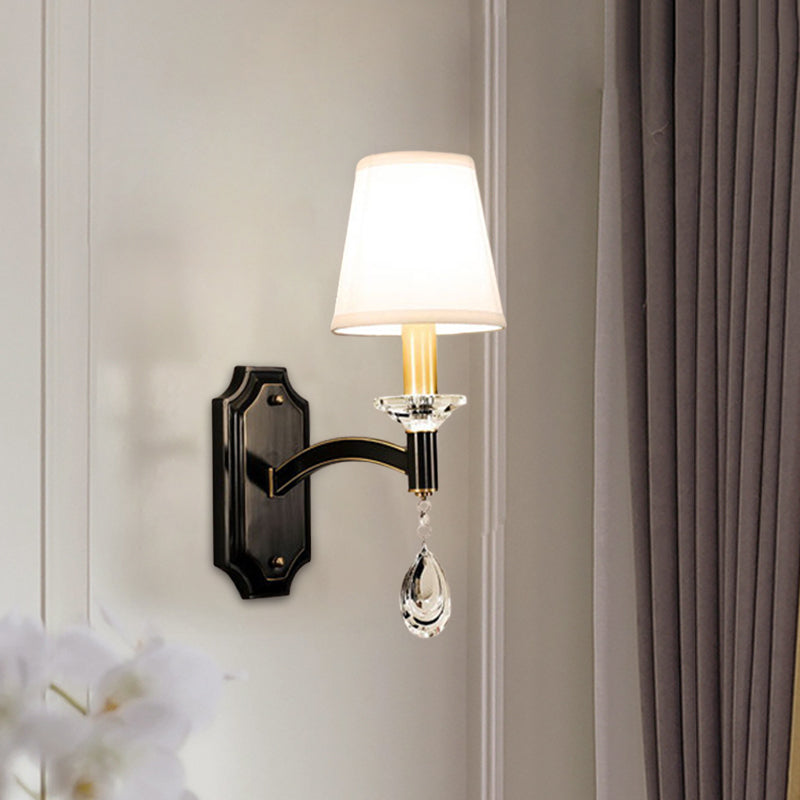 Cut Crystal Teardrop Wall Mount Light Vintage 1/2-Bulb Brown Wall Lamp Fixture with Conic Fabric Shade 1.0 Brown Clearhalo 'Cast Iron' 'Glass' 'Industrial' 'Modern wall lights' 'Modern' 'Tiffany' 'Traditional wall lights' 'Wall Lamps & Sconces' 'Wall Lights' Lighting' 1712839