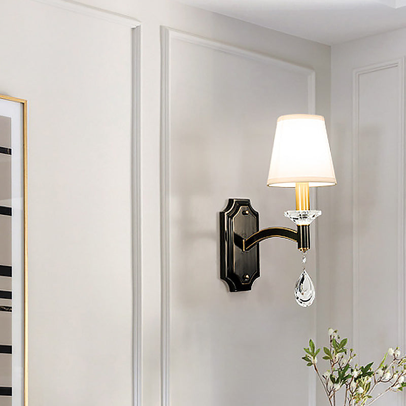 Cut Crystal Teardrop Wall Mount Light Vintage 1/2-Bulb Brown Wall Lamp Fixture with Conic Fabric Shade Clearhalo 'Cast Iron' 'Glass' 'Industrial' 'Modern wall lights' 'Modern' 'Tiffany' 'Traditional wall lights' 'Wall Lamps & Sconces' 'Wall Lights' Lighting' 1712840