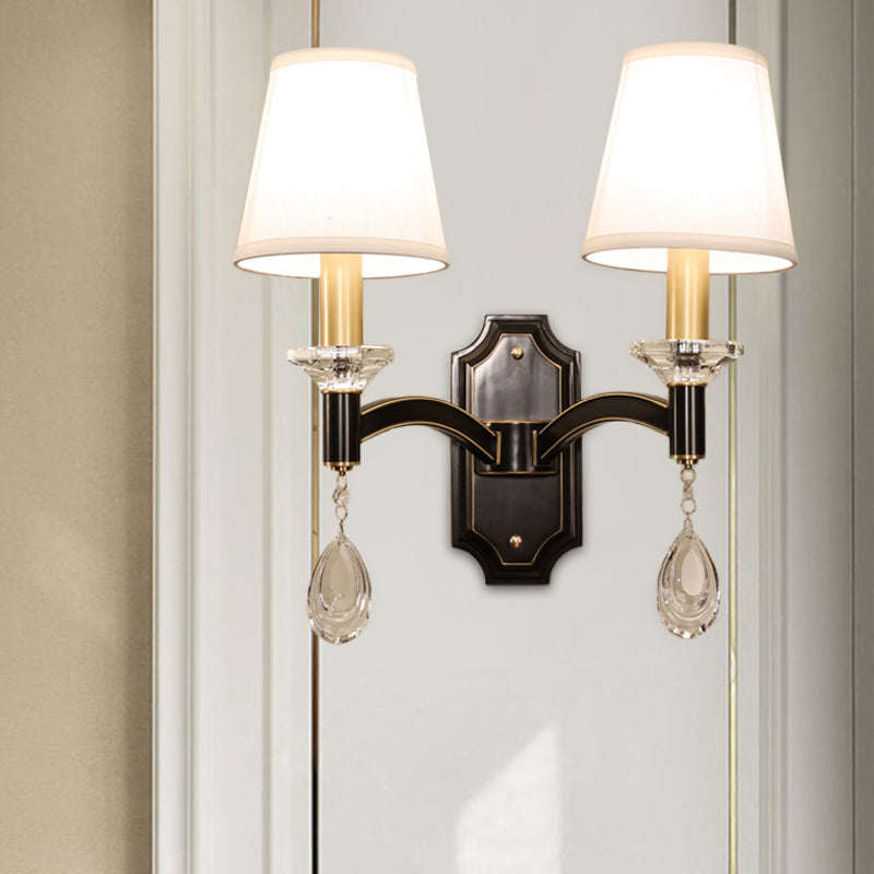 Cut Crystal Teardrop Wall Mount Light Vintage 1/2-Bulb Brown Wall Lamp Fixture with Conic Fabric Shade 2.0 Brown Clearhalo 'Cast Iron' 'Glass' 'Industrial' 'Modern wall lights' 'Modern' 'Tiffany' 'Traditional wall lights' 'Wall Lamps & Sconces' 'Wall Lights' Lighting' 1712843