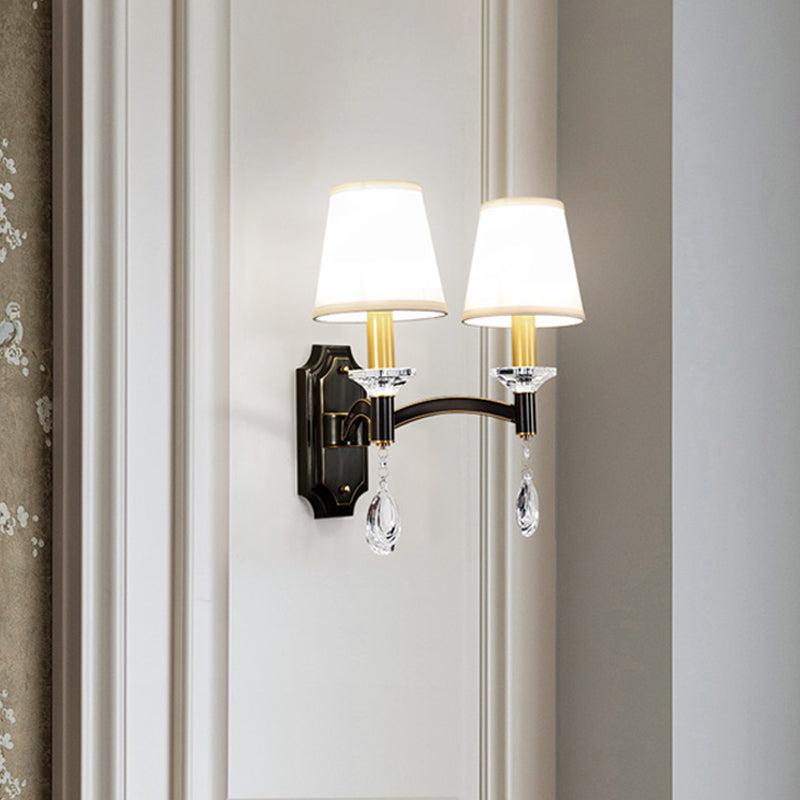 Cut Crystal Teardrop Wall Mount Light Vintage 1/2-Bulb Brown Wall Lamp Fixture with Conic Fabric Shade Clearhalo 'Cast Iron' 'Glass' 'Industrial' 'Modern wall lights' 'Modern' 'Tiffany' 'Traditional wall lights' 'Wall Lamps & Sconces' 'Wall Lights' Lighting' 1712844