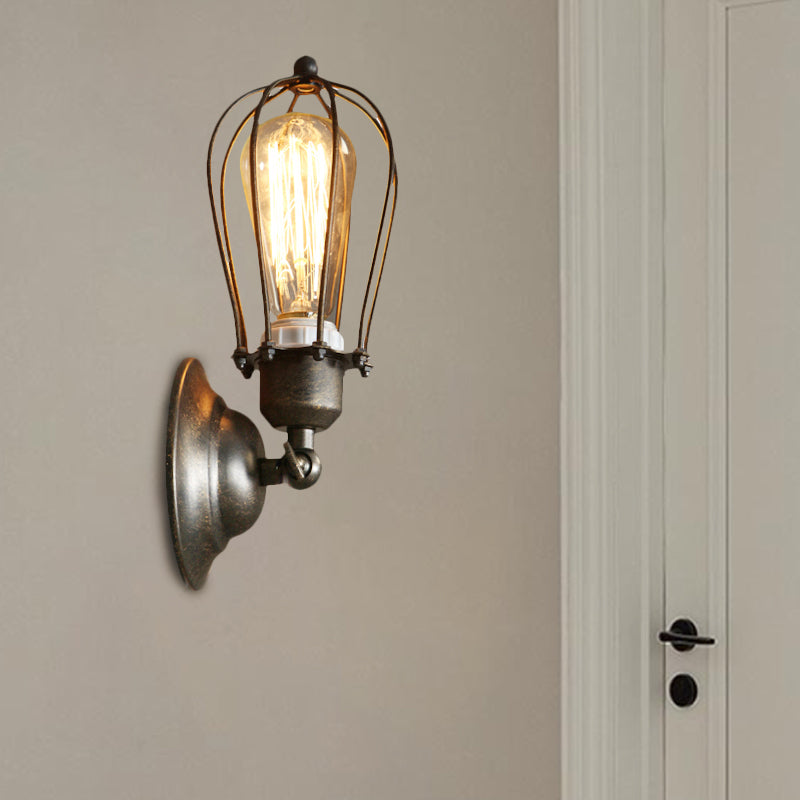 Metallic Oval Caged Wall Mounted Lamp Farmhouse 1-Light Restaurant Wall Lighting Fixture in Antique Bronze/Black Antique Bronze Clearhalo 'Wall Lamps & Sconces' 'Wall Lights' Lighting' 1712904