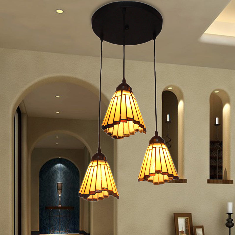 Conical Cluster Pendant Light 3 Bulbs Stained Glass Tiffany-Style Hanging Lamp in Beige for Hall Beige Clearhalo 'Ceiling Lights' 'Chandeliers' 'Industrial' 'Middle Century Pendants' 'Pendant Lights' 'Pendants' 'Tiffany close to ceiling' 'Tiffany Pendants' 'Tiffany' Lighting' 171291