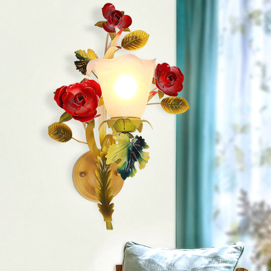 Yellow 1/2 Heads Sconce Lighting Country Milky Glass Blossom Wall Mount Lamp with Rose Decor Clearhalo 'Wall Lamps & Sconces' 'Wall Lights' Lighting' 1712927