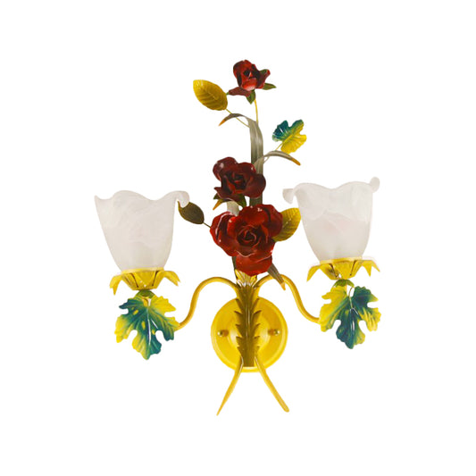 Yellow 1/2 Heads Sconce Lighting Country Milky Glass Blossom Wall Mount Lamp with Rose Decor Clearhalo 'Wall Lamps & Sconces' 'Wall Lights' Lighting' 1712932