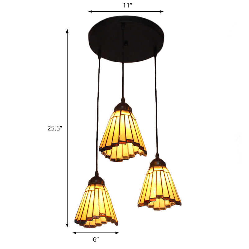 Conical Cluster Pendant Light 3 Bulbs Stained Glass Tiffany-Style Hanging Lamp in Beige for Hall Clearhalo 'Ceiling Lights' 'Chandeliers' 'Industrial' 'Middle Century Pendants' 'Pendant Lights' 'Pendants' 'Tiffany close to ceiling' 'Tiffany Pendants' 'Tiffany' Lighting' 171294