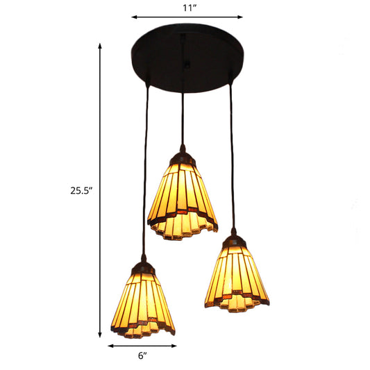 Conical Cluster Pendant Light 3 Bulbs Stained Glass Tiffany-Style Hanging Lamp in Beige for Hall Clearhalo 'Ceiling Lights' 'Chandeliers' 'Industrial' 'Middle Century Pendants' 'Pendant Lights' 'Pendants' 'Tiffany close to ceiling' 'Tiffany Pendants' 'Tiffany' Lighting' 171294