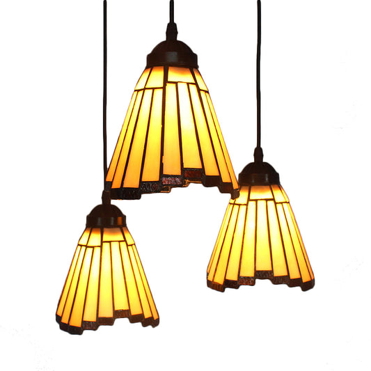 Conical Cluster Pendant Light 3 Bulbs Stained Glass Tiffany-Style Hanging Lamp in Beige for Hall Clearhalo 'Ceiling Lights' 'Chandeliers' 'Industrial' 'Middle Century Pendants' 'Pendant Lights' 'Pendants' 'Tiffany close to ceiling' 'Tiffany Pendants' 'Tiffany' Lighting' 171295