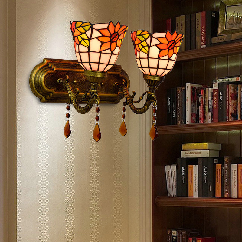 2 Lights Bowl Wall Sconce Lighting Tiffany Stained Glass Wall Lighting with Crystal in Pink/Brown/Orange Orange Clearhalo 'Industrial' 'Middle century wall lights' 'Tiffany wall lights' 'Tiffany' 'Wall Lamps & Sconces' 'Wall Lights' Lighting' 171296