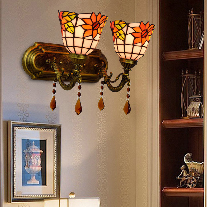 2 Lights Bowl Wall Sconce Lighting Tiffany Stained Glass Wall Lighting with Crystal in Pink/Brown/Orange Clearhalo 'Industrial' 'Middle century wall lights' 'Tiffany wall lights' 'Tiffany' 'Wall Lamps & Sconces' 'Wall Lights' Lighting' 171297