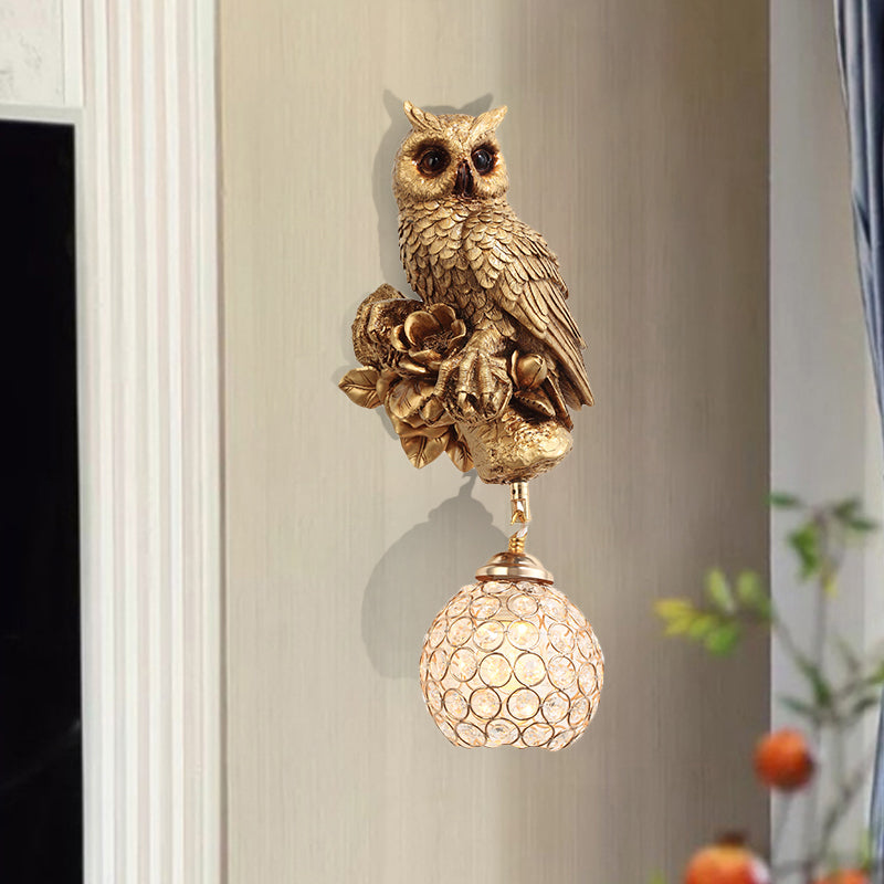 Cottage Global Sconce Light 1-Bulb Beveled Clear Crystal Wall Lighting Idea with Squirrel Decor in Gold/Orange/Gold and Brown Gold Clearhalo 'Wall Lamps & Sconces' 'Wall Lights' Lighting' 1712975