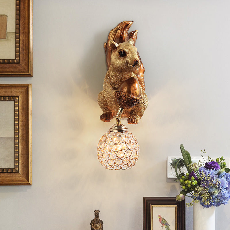 Cottage Global Sconce Light 1-Bulb Beveled Clear Crystal Wall Lighting Idea with Squirrel Decor in Gold/Orange/Gold and Brown Gold-Brown Clearhalo 'Wall Lamps & Sconces' 'Wall Lights' Lighting' 1712979