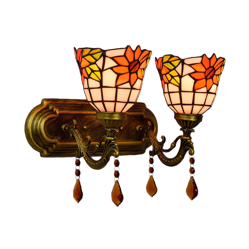 2 Lights Bowl Wall Sconce Lighting Tiffany Stained Glass Wall Lighting with Crystal in Pink/Brown/Orange Clearhalo 'Industrial' 'Middle century wall lights' 'Tiffany wall lights' 'Tiffany' 'Wall Lamps & Sconces' 'Wall Lights' Lighting' 171298