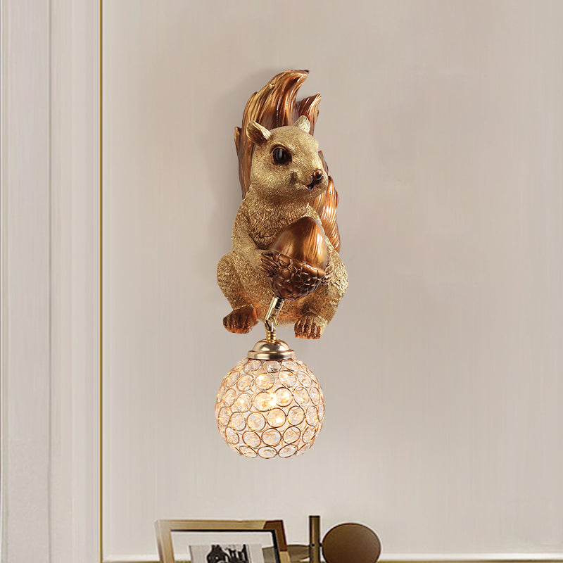 Cottage Global Sconce Light 1-Bulb Beveled Clear Crystal Wall Lighting Idea with Squirrel Decor in Gold/Orange/Gold and Brown Clearhalo 'Wall Lamps & Sconces' 'Wall Lights' Lighting' 1712980