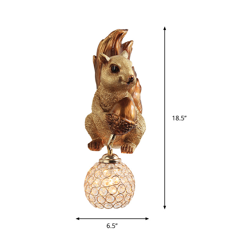 Cottage Global Sconce Light 1-Bulb Beveled Clear Crystal Wall Lighting Idea with Squirrel Decor in Gold/Orange/Gold and Brown Clearhalo 'Wall Lamps & Sconces' 'Wall Lights' Lighting' 1712983