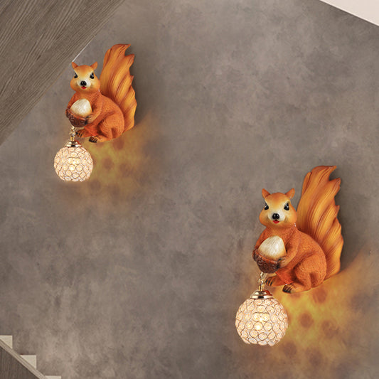 Cottage Global Sconce Light 1-Bulb Beveled Clear Crystal Wall Lighting Idea with Squirrel Decor in Gold/Orange/Gold and Brown Clearhalo 'Wall Lamps & Sconces' 'Wall Lights' Lighting' 1712985