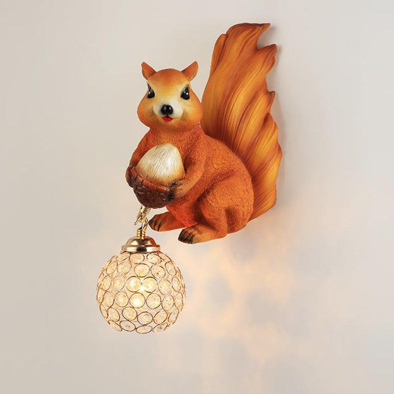 Cottage Global Sconce Light 1-Bulb Beveled Clear Crystal Wall Lighting Idea with Squirrel Decor in Gold/Orange/Gold and Brown Clearhalo 'Wall Lamps & Sconces' 'Wall Lights' Lighting' 1712987