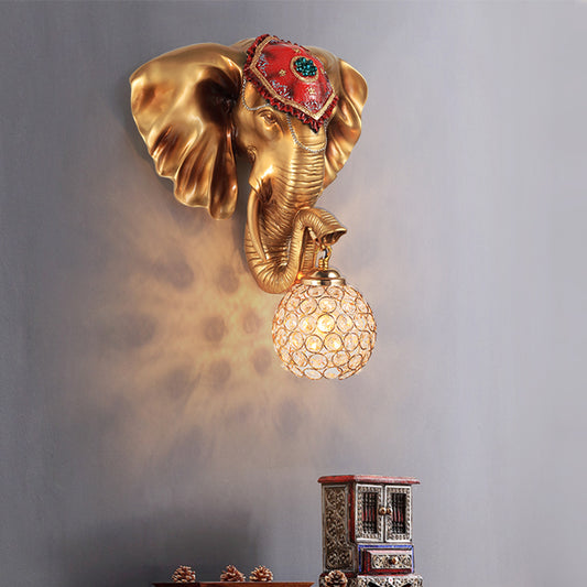 1-Light Dome/Water Drop Wall Lighting Rural White/Gold Inserted Crystal Wall Mounted Lamp with Elephant Head Decor Clearhalo 'Wall Lamps & Sconces' 'Wall Lights' Lighting' 1712990