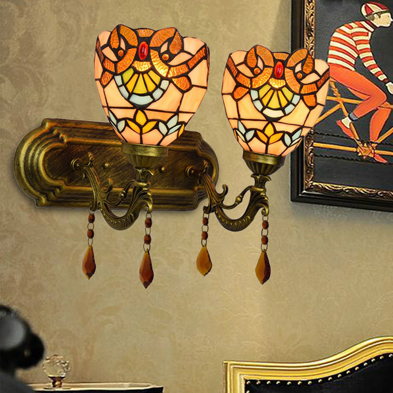 2 Lights Bowl Wall Sconce Lighting Tiffany Stained Glass Wall Lighting with Crystal in Pink/Brown/Orange Brown Clearhalo 'Industrial' 'Middle century wall lights' 'Tiffany wall lights' 'Tiffany' 'Wall Lamps & Sconces' 'Wall Lights' Lighting' 171300