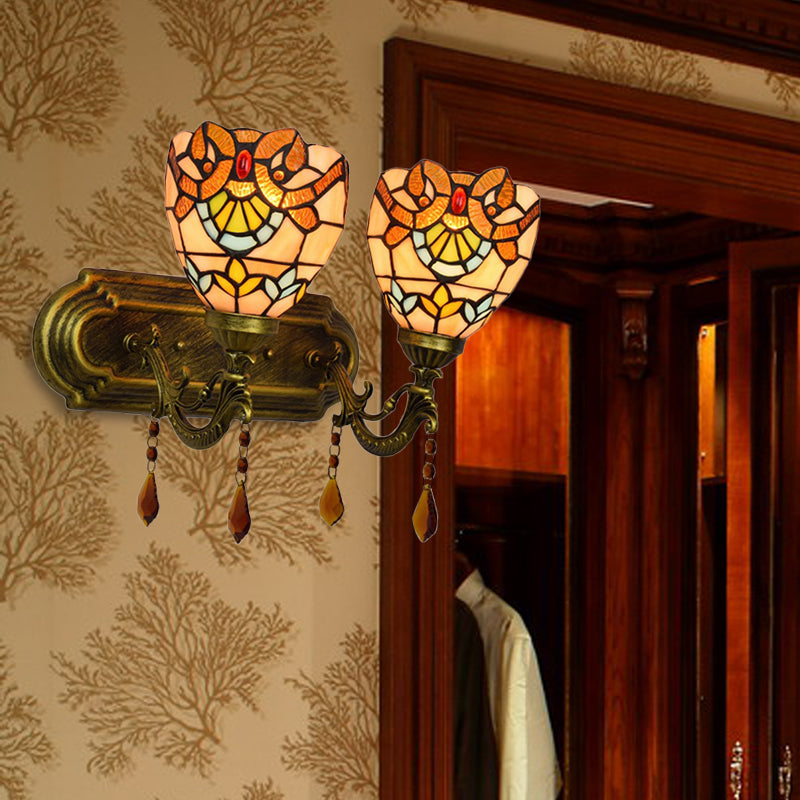 2 Lights Bowl Wall Sconce Lighting Tiffany Stained Glass Wall Lighting with Crystal in Pink/Brown/Orange Clearhalo 'Industrial' 'Middle century wall lights' 'Tiffany wall lights' 'Tiffany' 'Wall Lamps & Sconces' 'Wall Lights' Lighting' 171301