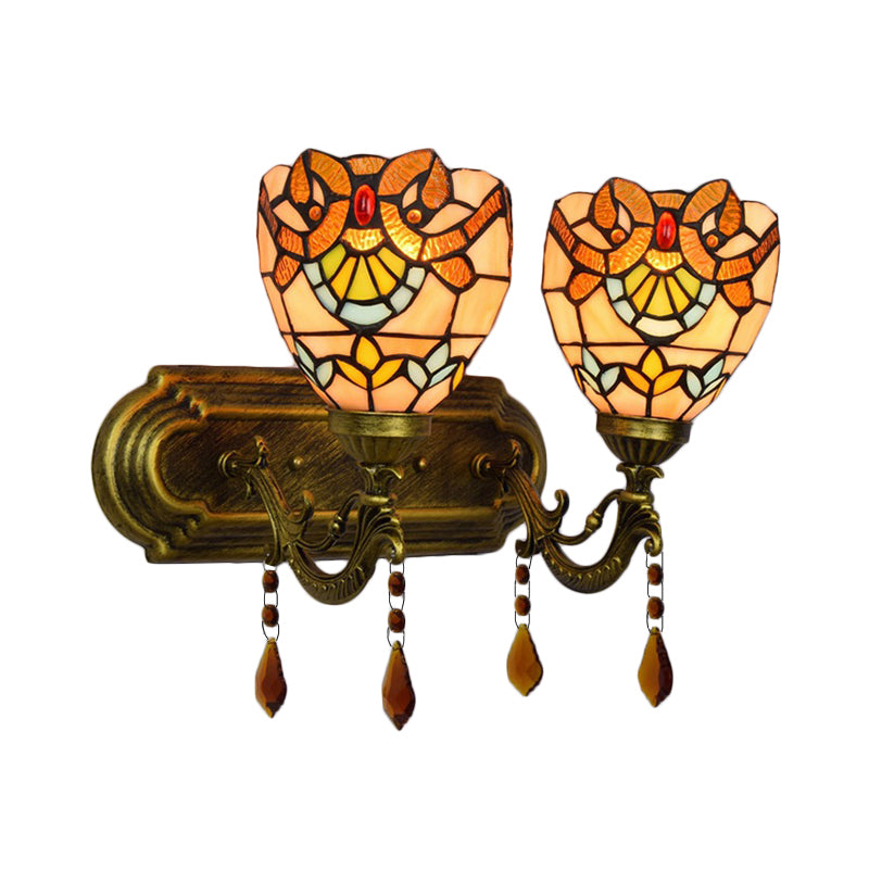 2 Lights Bowl Wall Sconce Lighting Tiffany Stained Glass Wall Lighting with Crystal in Pink/Brown/Orange Clearhalo 'Industrial' 'Middle century wall lights' 'Tiffany wall lights' 'Tiffany' 'Wall Lamps & Sconces' 'Wall Lights' Lighting' 171302