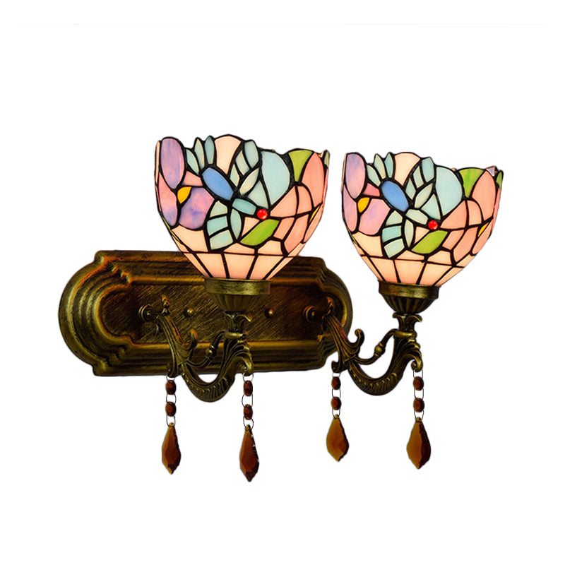 2 Lights Bowl Wall Sconce Lighting Tiffany Stained Glass Wall Lighting with Crystal in Pink/Brown/Orange Clearhalo 'Industrial' 'Middle century wall lights' 'Tiffany wall lights' 'Tiffany' 'Wall Lamps & Sconces' 'Wall Lights' Lighting' 171305