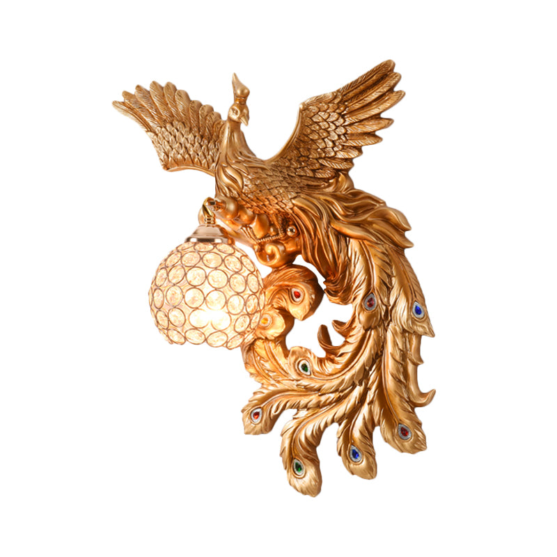 1 Bulb Flying Peacock Wall Mount Light Countryside White/Green/Gold Resin Wall Lighting Idea with Beveled K9 Crystal Shade, Left/Right Clearhalo 'Wall Lamps & Sconces' 'Wall Lights' Lighting' 1713086
