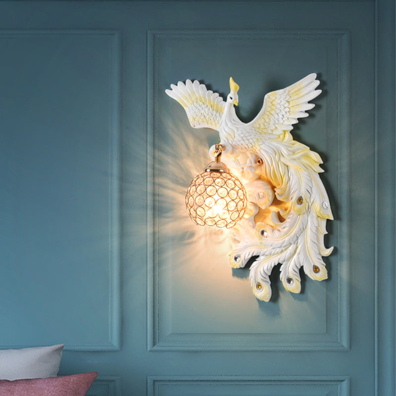 1 Bulb Flying Peacock Wall Mount Light Countryside White/Green/Gold Resin Wall Lighting Idea with Beveled K9 Crystal Shade, Left/Right White Right Clearhalo 'Wall Lamps & Sconces' 'Wall Lights' Lighting' 1713088