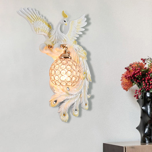1 Bulb Flying Peacock Wall Mount Light Countryside White/Green/Gold Resin Wall Lighting Idea with Beveled K9 Crystal Shade, Left/Right Clearhalo 'Wall Lamps & Sconces' 'Wall Lights' Lighting' 1713089