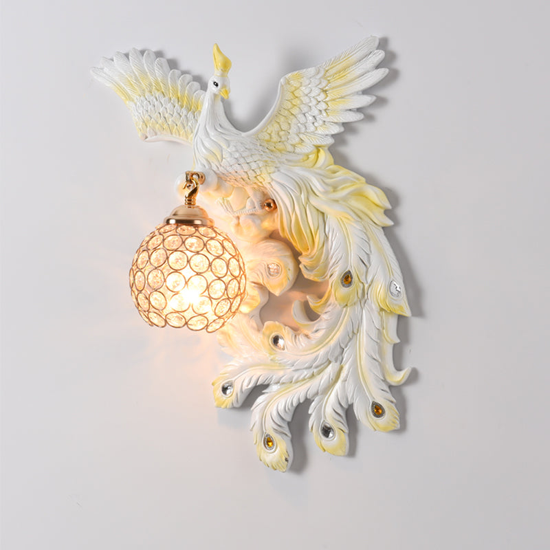 1 Bulb Flying Peacock Wall Mount Light Countryside White/Green/Gold Resin Wall Lighting Idea with Beveled K9 Crystal Shade, Left/Right Clearhalo 'Wall Lamps & Sconces' 'Wall Lights' Lighting' 1713091
