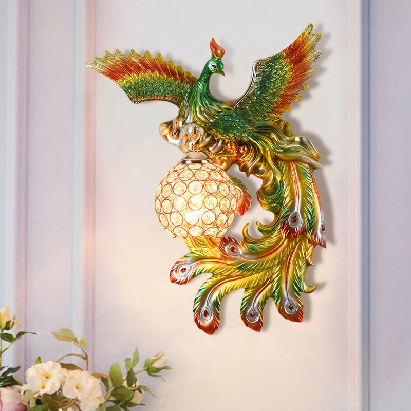 1 Bulb Flying Peacock Wall Mount Light Countryside White/Green/Gold Resin Wall Lighting Idea with Beveled K9 Crystal Shade, Left/Right Clearhalo 'Wall Lamps & Sconces' 'Wall Lights' Lighting' 1713093