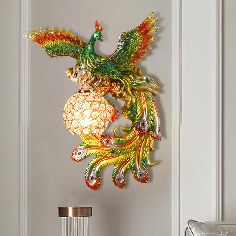 1 Bulb Flying Peacock Wall Mount Light Countryside White/Green/Gold Resin Wall Lighting Idea with Beveled K9 Crystal Shade, Left/Right Clearhalo 'Wall Lamps & Sconces' 'Wall Lights' Lighting' 1713094