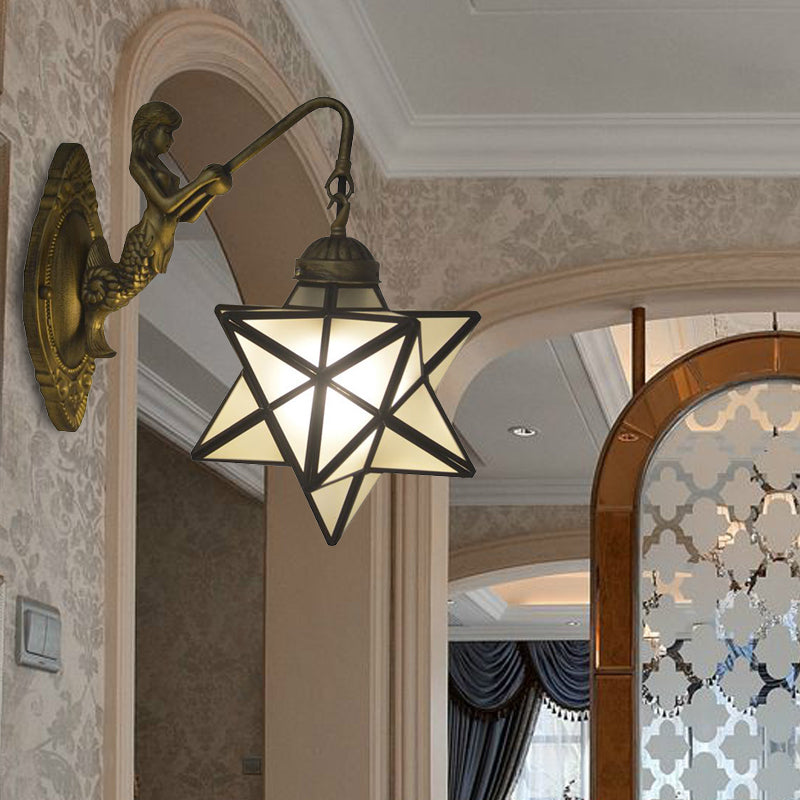 White Glass Star Sconce Lighting Tiffany 1 Head Antique Brass Wall Mount Light with Mermaid Backplate White Clearhalo 'Industrial' 'Middle century wall lights' 'Tiffany wall lights' 'Tiffany' 'Wall Lamps & Sconces' 'Wall Lights' Lighting' 171310