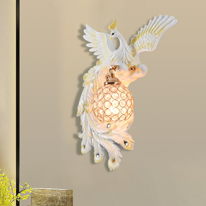 1 Bulb Flying Peacock Wall Mount Light Countryside White/Green/Gold Resin Wall Lighting Idea with Beveled K9 Crystal Shade, Left/Right White Left Clearhalo 'Wall Lamps & Sconces' 'Wall Lights' Lighting' 1713101